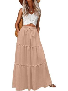 Women's Boho High Waisted A-Khaki Maxi Skirts Tiered Floral Long Skirts